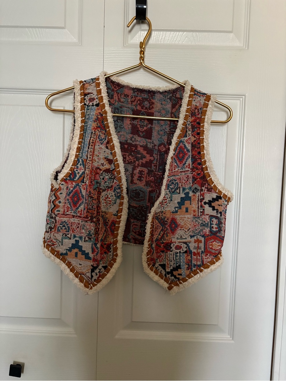 SHEIN Multicolor Aztec Fringe Trim Patchwork Vest